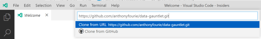 Passing in the repository URL to clone in VS Code.
