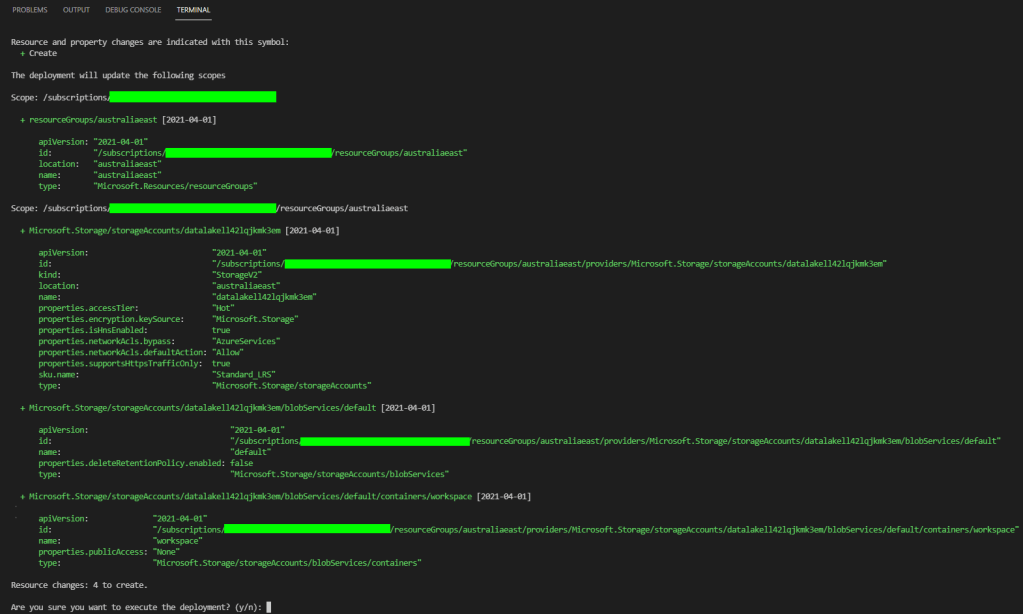 Terminal output of a Bicep deployment what-if operation.