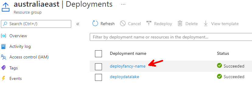 Azure portal deployments screen.
