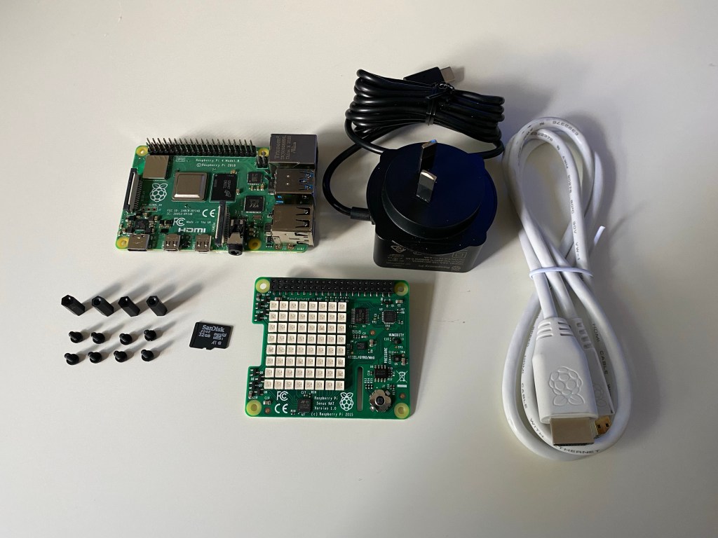 Raspberry Pi device parts on a table.