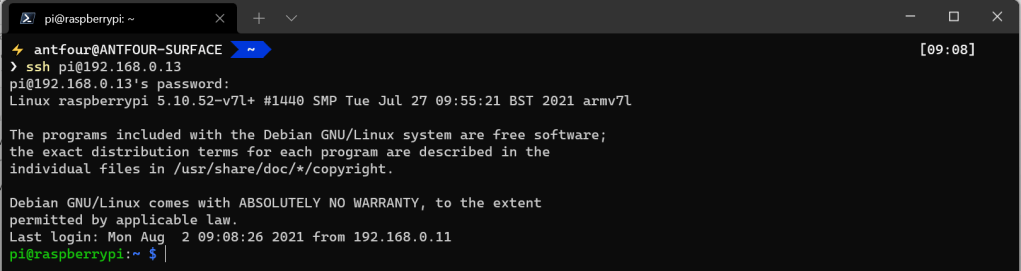 Terminal with successful SSH connection message 