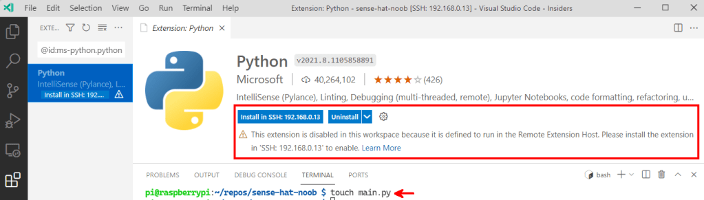VS Code remote Python extension text.
