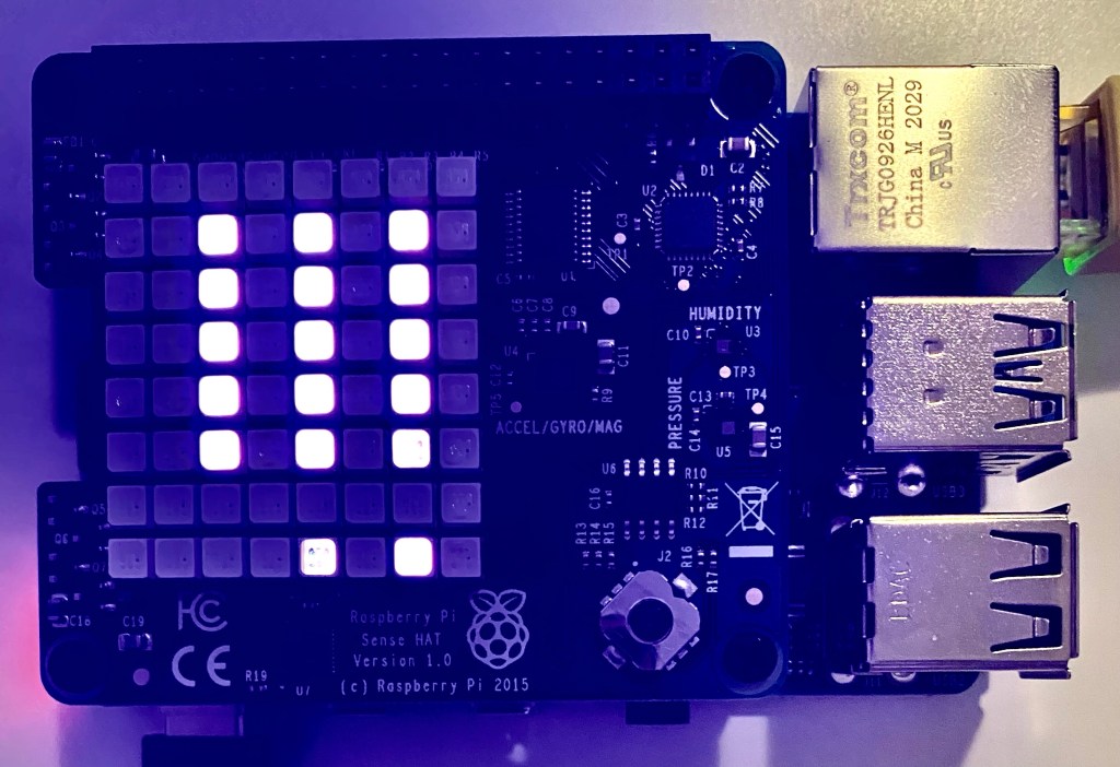 Raspberry Pi Sense HAT led display with exclamation marks.  