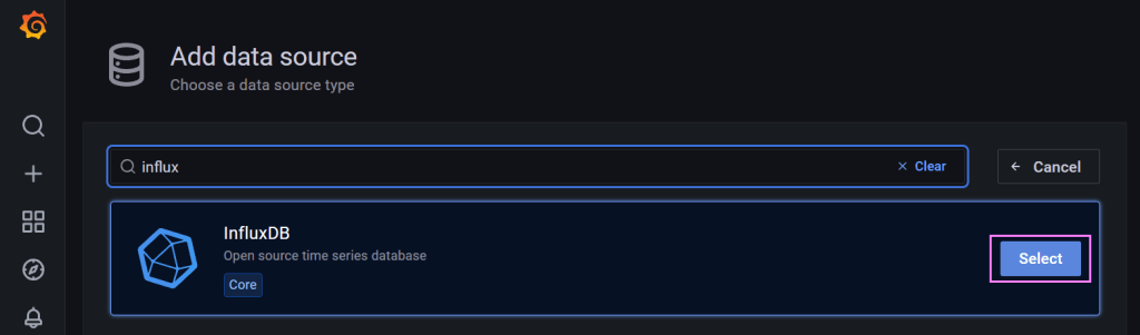 Grafana data source search page 