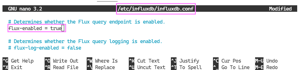 Editing influxdb config in nano